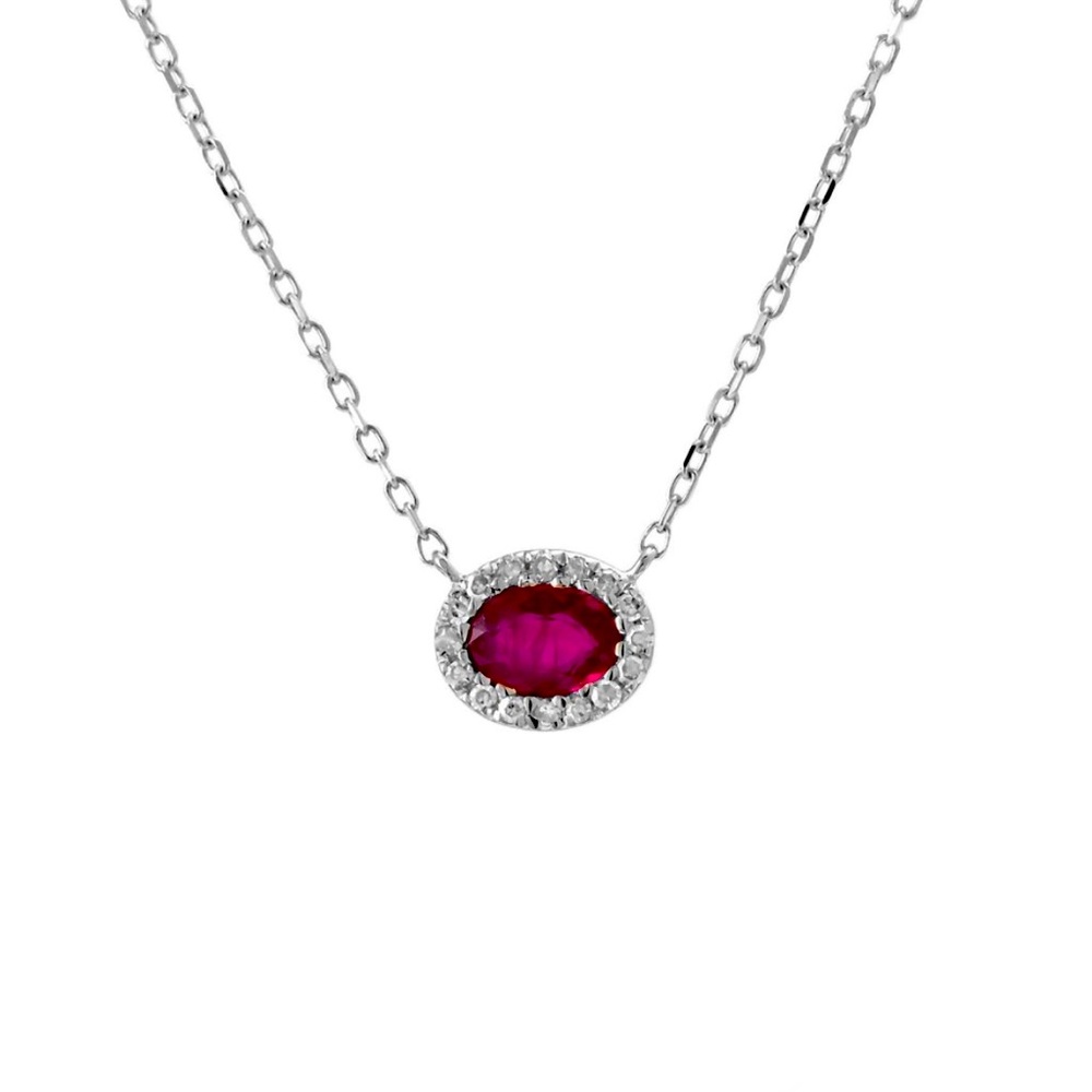 14K White Gold Halo Diamond Ruby Necklace